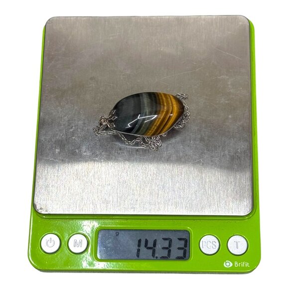 Vintage Tigers Eye Silver Pendant Necklace Artisan Crafted Natural Stone Gorham - Picture 8 of 8